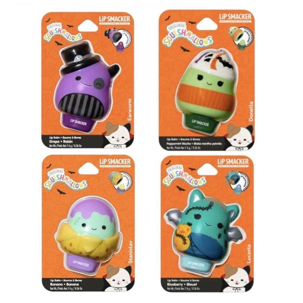 4x Lip Smacker Halloween Squishmallows Balm Lucasta Donella Stanislay & Earworm
